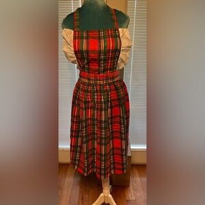 Vtg pinafore bib apron red plaid ruffle trim USA one size fits all cottage core